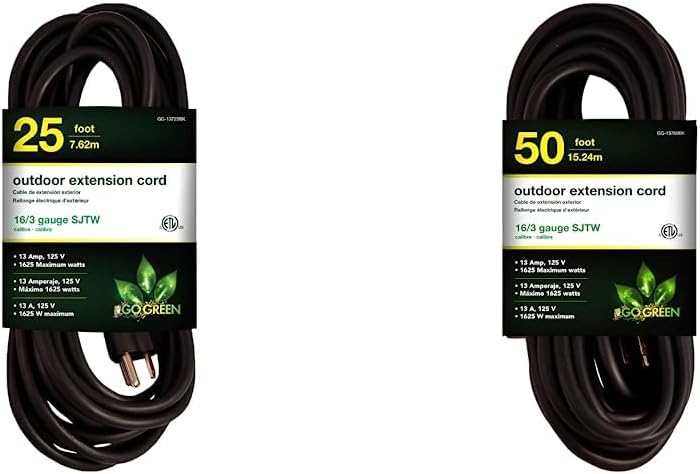 GG-13725BK 16/3 Heavy Duty Extension Cord, Outdoor Extension Cord, Black, 25 ft and Go Green Power Inc. (GG-13750BK) 16/3 SJTW Outdoor Extension Cord, Black, 50 ft Bundle