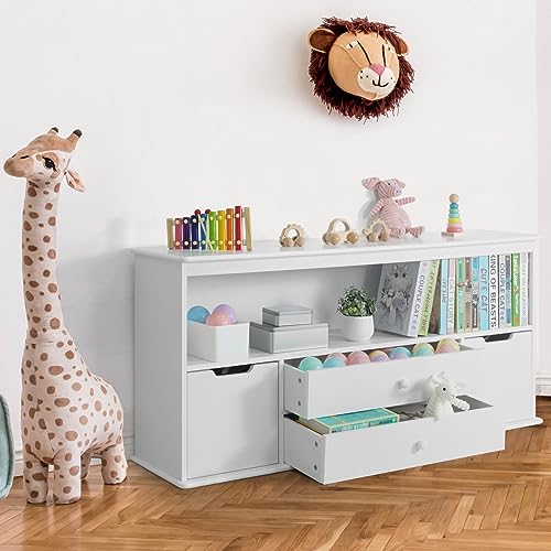 Image of CAPHAUS Toy Storage Organizer w/ 4 Drawers, 52”W x 13”D x 24.4”H, Toy Organizer Bookcase, Toy Storage Organizer Bins with Shelf, Bookshelf for Reading, Storing, Playing for Kids, Boys & Girls, White