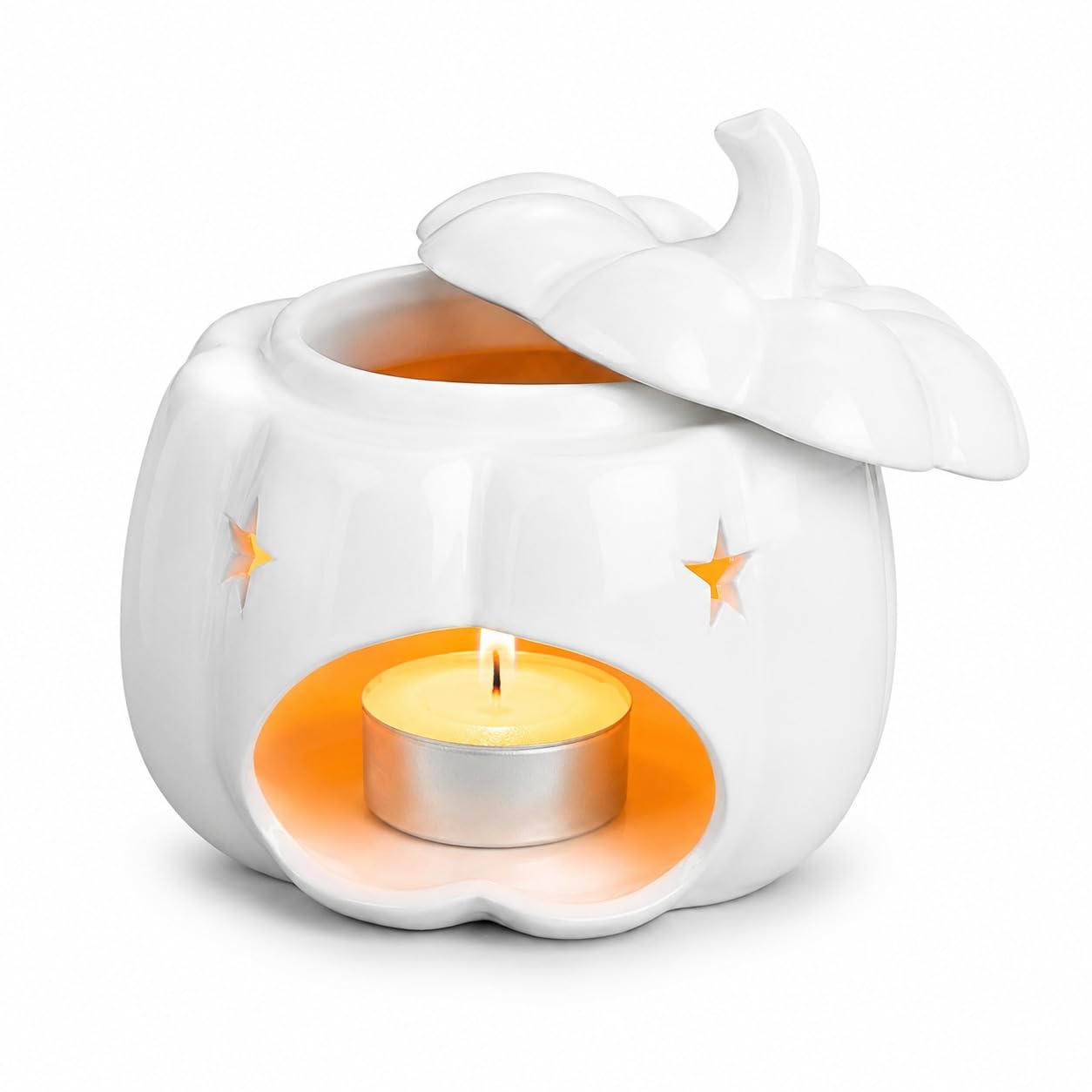RT ESSENTIALS Ceramic Pumpkin Wax Melt Burner with Lid, Halloween Wax Melt Burner, Wax Warmer for Wax Melts & Essential Oils, Tealight Oil Burner, Home Fragrance Burner, (White/Stars)