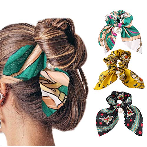 JONKY Hair Scrunchies Boho Bow Hair Rope Chiffon Ponytail Elastic Hair Ties Pearl Headpieces for Women and Girls(Pack of 3)
