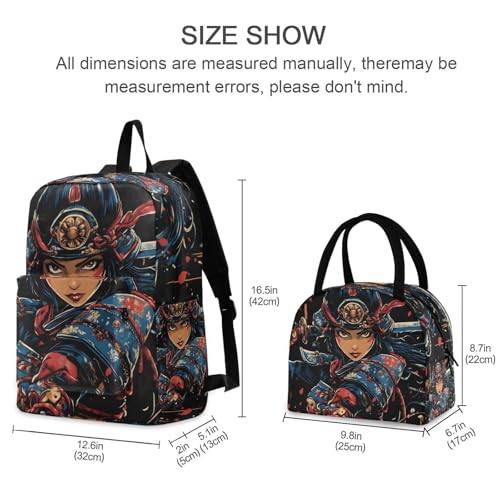 Backpack Lunch Bag Set Cartoon Samurai Print, Big Storage Travel Backpacks with Insulated Lunch Box for Office Hiking Picnic2