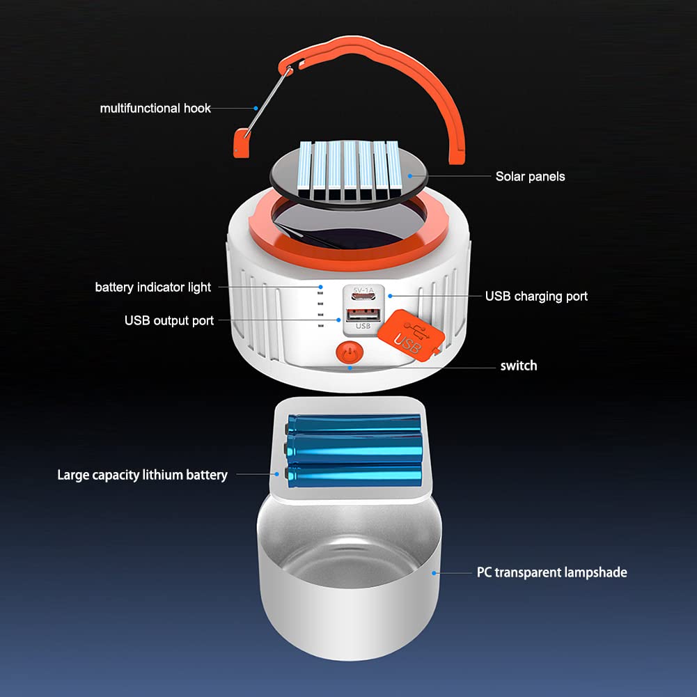 2 Pz Luce da Campeggio Ricaricabile LED 2400 mAh Lanterna Da Campeggio Solare USB Alimentato Luce Portatile per Escursionismo Campeggio Pesca