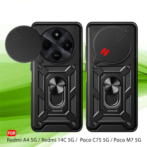 Image of AIBEX Back Cover for Poco M7 5G / Redmi 14C 5G / Redmi A4 5G / Poco C75 5G | D10 Tough Armor Case | Sliding Camera Shield | 360 Protection | Kickstand Ring Holder | Military-Grade Shockproof Bumper