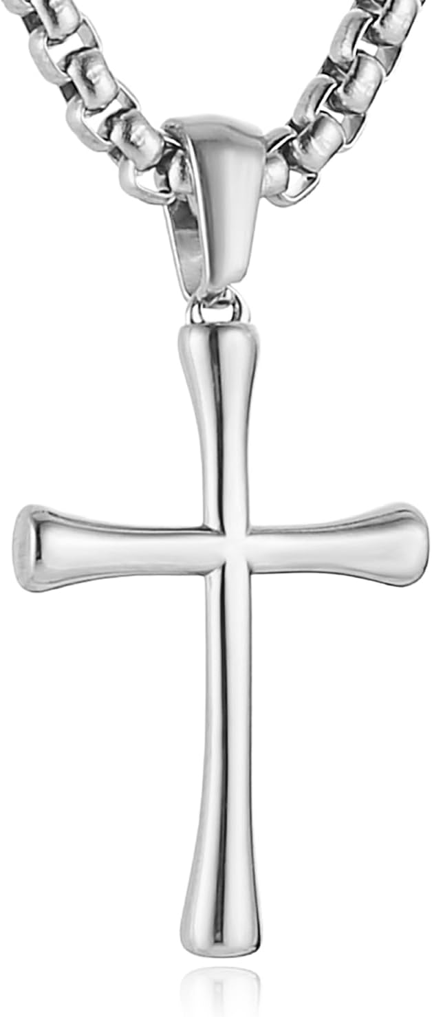 HZMAN Simple Cross Necklace for Women Stainless Steel Gold/Silver Cross Pendant Necklace for Men Box Chain 22+2 Inch