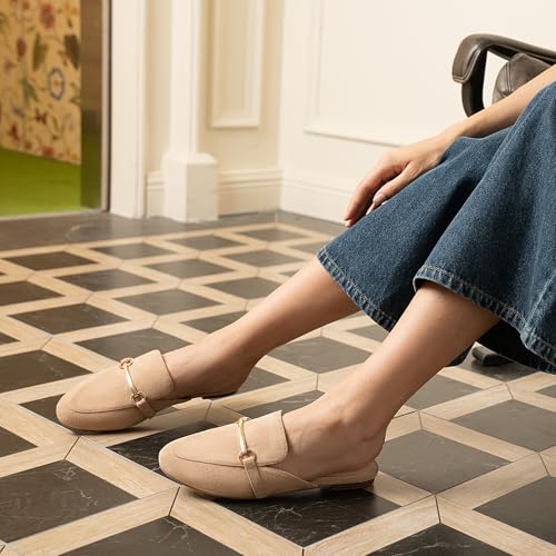 Image of MUSSHOE Gold Buckle Mules for Women - Comfortable Memory Foam Loafers, Classy Slip On Flats for Office Business Casual, Dressy Pointed Toe Shoes
