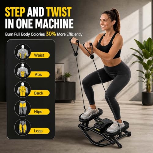 Image of Rocking Stepper for Home Workout - 3D Motion Stair Stepper with Resistance Bands, Full Body Cardio and Strength Training Equipment, 150kg Load Capacity Exercise Machine