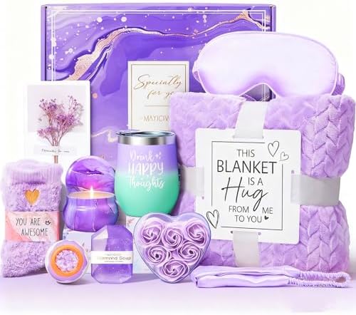 10-Piece Self Care Gift Basket with Cozy Throw Blanket, Tumbler, ...