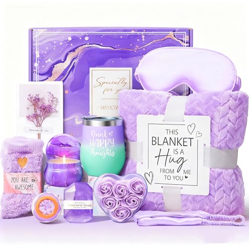 10-Piece Self Care Gift Basket with Cozy Throw Blanket, Tumbler, ...