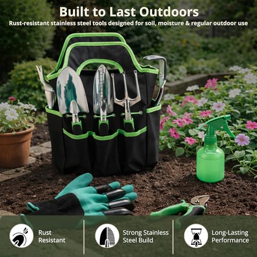 Image of Kraft Seeds Premium Gardening Tools Kit for Home Garden - Hand Trowel, Transplanting Trowel, Hand Cultivator Fork, Weeder, Rake, Pruning Shear, Spray Bottle, Carry Bag, Claw Gloves