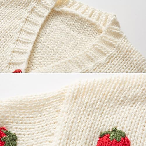 Image of FindThy Women's Kawaii Strawberry Embroidered Cardigan Long Sleeve V Neck Chunky Knitted Cardigans Tops