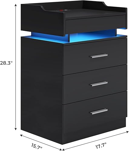 Miniatura 2 de Mesita de noche LED con estación de carga, mesita de noche con estante extraíble, mesita de noche con cajones, mesa auxiliar moderna, mesa auxiliar