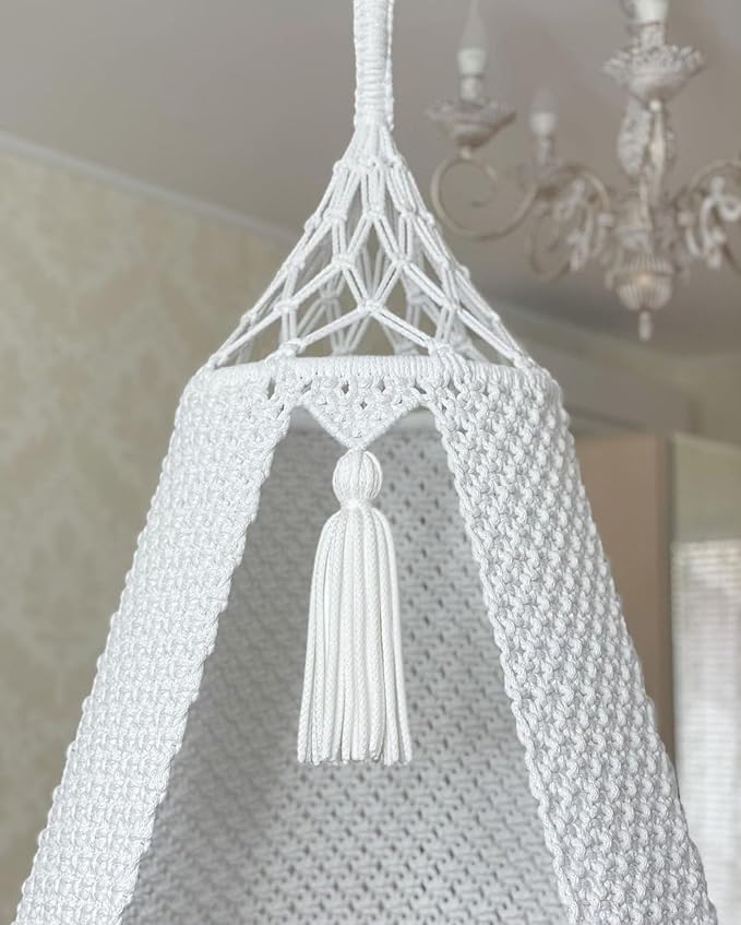 Image of Macrame Hanging Chair Swing with Cushions, Boho Indoor Round Hammock Seat Indoor & Outdoor - Patio, Balcony, Bedroom, Living Room, Garden-Kids, Adults (White with Grey)