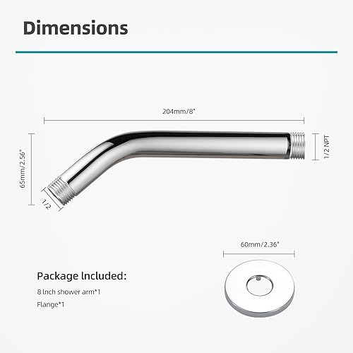 Miniatura 5 de Cobbe Brazo de ducha con brida y cinta de teflón, brazo de ducha montado en la pared de 8 pulgadas, extensión de acero inoxidable 304 para cabezal