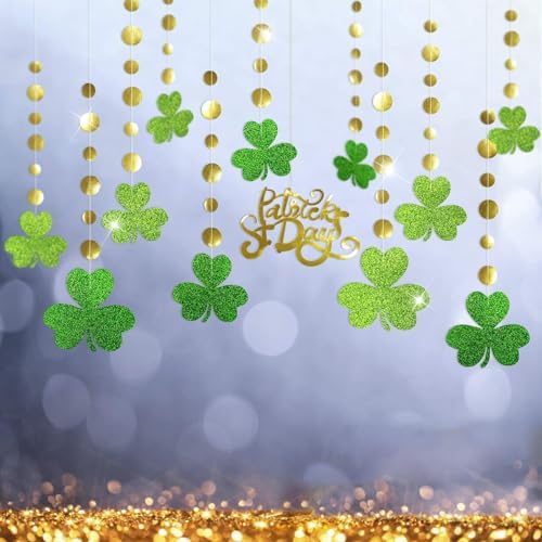 Cheerland Glitter St Patricks Day Garland Saint Patricks Party Decorations Shamrock Clover Garlands Banner Streamer Backdrop Hanging Decoration Spring Birthday Baby Shower Irish Parties Supplies