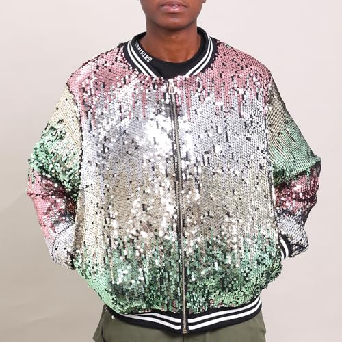 Image of YIYI Mens Sequin Jacket Bomber Sparkly Striped Varsity Glitter Jacket Male Party Outwear Coat Birthday Holiday Clothes