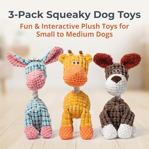 VELAJA Hundespielzeug Quietschend 3er Set- Plüsch Spielzeug Hund Unzerstörbar Weiches Kuscheltier für Kleine Mittelgroße Große Hunde, Esel Hund Giraffe Spielzeug für Drinnen & Draußen-3