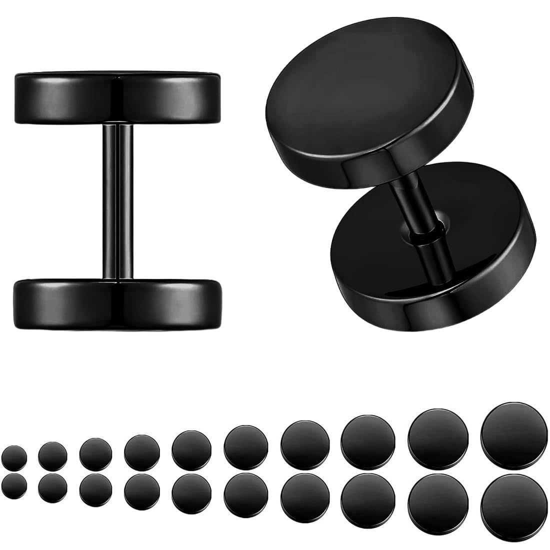 Jeyorzy Set di 10 paia di orecchini neri, acciaio inox, ipoallergenico, cerchio, finto plug tunnel, 3-12 mm