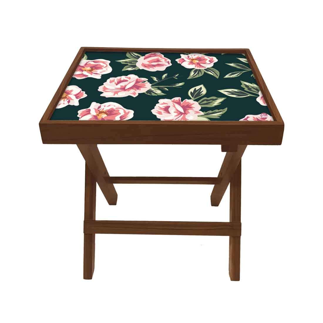 Nutcase Designer Teak Wood Side Table Folding Wooden Bedside Coffee Outdoor Picnic Table - Pink and Black Floral-image-35