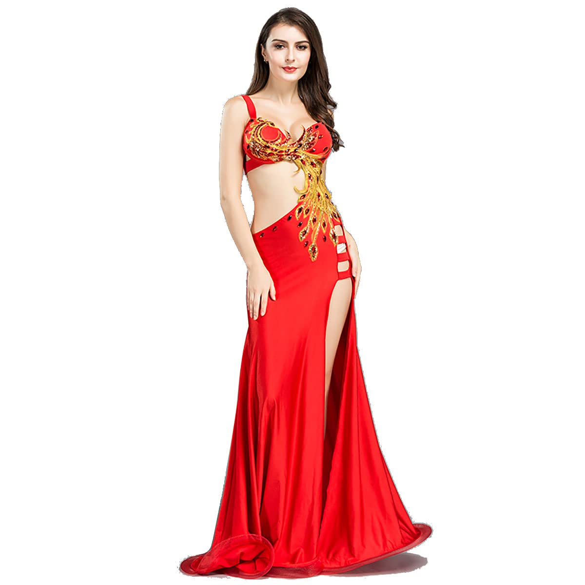 Sexy Crop Top Bra and Belt Dance Skirt Set Professional Slit Belly Dancing Long Skirt for Women Carnival Outfit Party Festival Costume Set for Women and Girls (Red M)