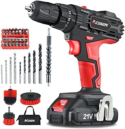 AOBEN Cordless Drill Driver Kit,21V Impact Power Drill Set (2.0Ah),3/8″ Keyless Chuck,21+3Clutch,2 Variable Speed,350 in-lb Turque,LED Lights & Screen,with 41 Accosories Bits,3 Cleaning Brushes