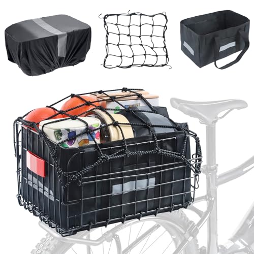 Wdmiya Panier Vélo Arrière, Porte-Bagage Arrière de Grande Capacité, Panier Vélo Chien avec Filet de Chargement, Housse de Vélo et Housse de Pluie pour...