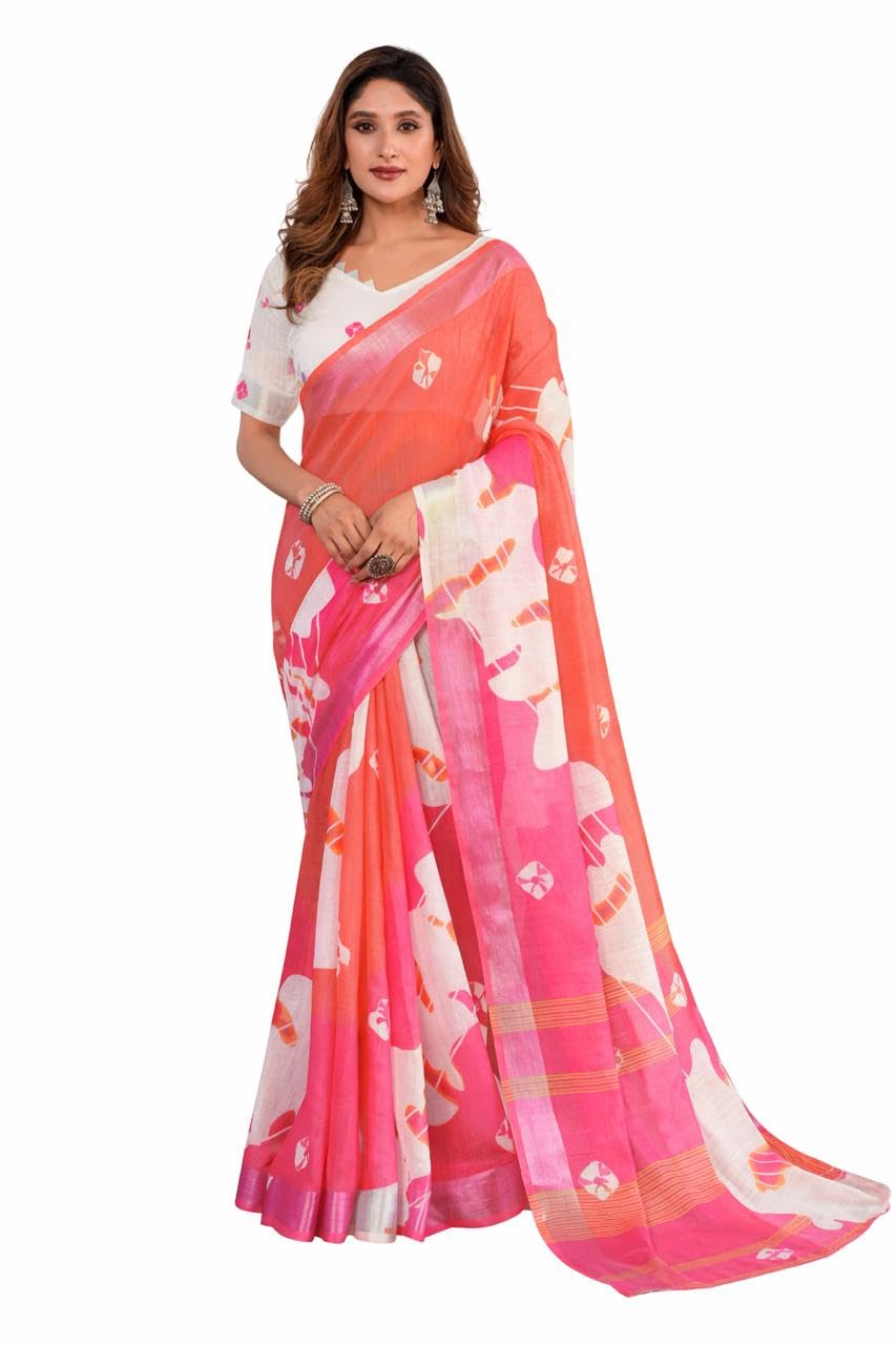 Women’s White & Orange Printed linen Cotton Saree with Unstitched Printed Blouse | Ethnic Border Soft Lightweight Traditional Saree for Office and Casual wear-image-2