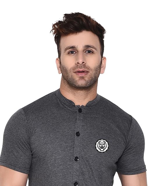 Image of Geum Men's Mandarin Collar Shirt with Graphic Print| Short Sleeve Cotton Blend Slim Fit Casual Shirt for Men