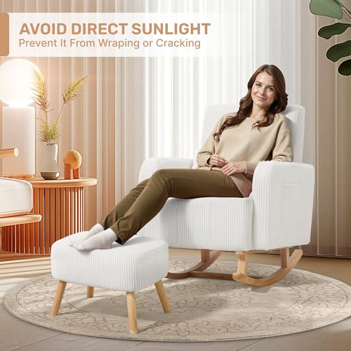 Image of HCHAIRH Rocking Chair with Nursery Ottoman, Corduroy Upholstered Glider Rocker with High Backrest and Side Pocket, Comfy Reading Chair with Solid Wood Legs, Living Room,Bedroom Beige