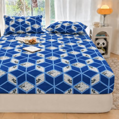 Image of VOMZER 300 TC Cotton Feel All Around Elastic Fitted Queen Size Printed Bedsheets, Supersoft Elastic Fitted Double Bedsheet with 2 Pillow Covers, Size 60x78x8 Inches White