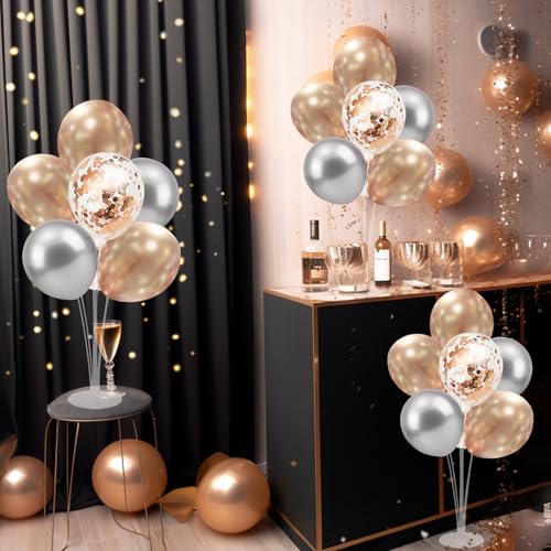Image of 4 Set Balloon Stand with Champagne Silver Balloons and Pump | For Birthday Bridal Shower Wedding Engagement Anniversary Retirement Mother's Day New Years Party Supplies