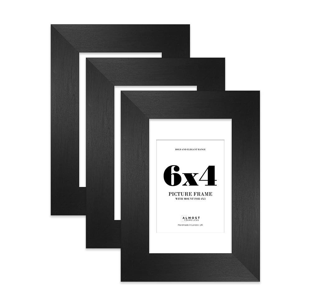 6x4 Black Frame With Mount for 4x3 Pictures 28mm Edge Portrait and Landscape Display with Wall Hooks and Kickstand, 3 Pack