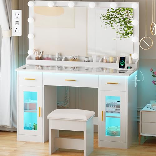 BEWISHOME Vanity Desk with Mirror and Lights White Makeup Vanity Table with Glass Top & Stool,43.4