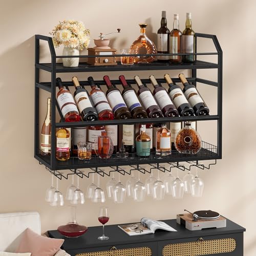 Image of Hoctieon Wall Mounted Wine Rack, 31.5 inch Wall Wine Rack for Display and Storage, Hanging Bottle Holder, for Living Room, Dining Room, Bar, Wine Cellar, Black Marbled