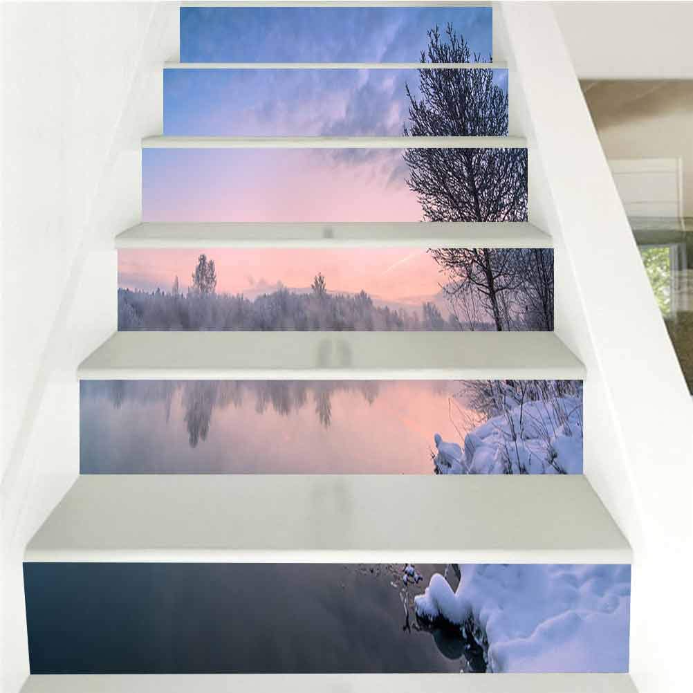 3D Stair Risers Decal- Peel and Stick Staircase Stickers, Beautiful Winter Dawn at Non Freezing ri, Staircase Stickers Home Decal Wallpaper L39 3 x H7 08 Inch 6PCS/Set