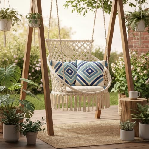 Image of RRC Boho Throw Pillows 16x16 Inch Set of 2 - Soft Mid Century Modern Decorative Pillow Covers, Aesthetic Cushion Cases for Couch, Sofa, Bed & Bedroom Decor (Blue, 16X16(Inches))
