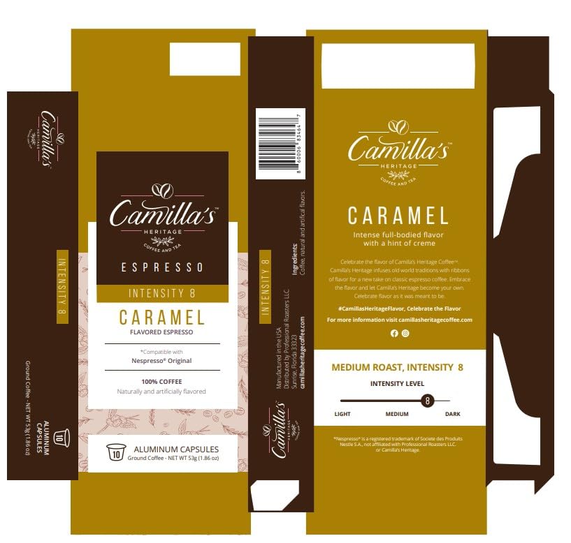 Miniatura 7 de Camilla's Heritage Coffee, tazas de espresso, 60 cápsulas de café saborizadas, caramelo gourmet, tostado medio, intensidad 8, cápsulas de café de