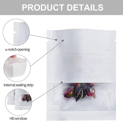 Miniatura 3 de BEISHIDA Paquete de 100 bolsas pequeñas resellables de 3.5 pulgadas, bolsas de papel kraft marrón herméticas con ventana transparente, bolsa de