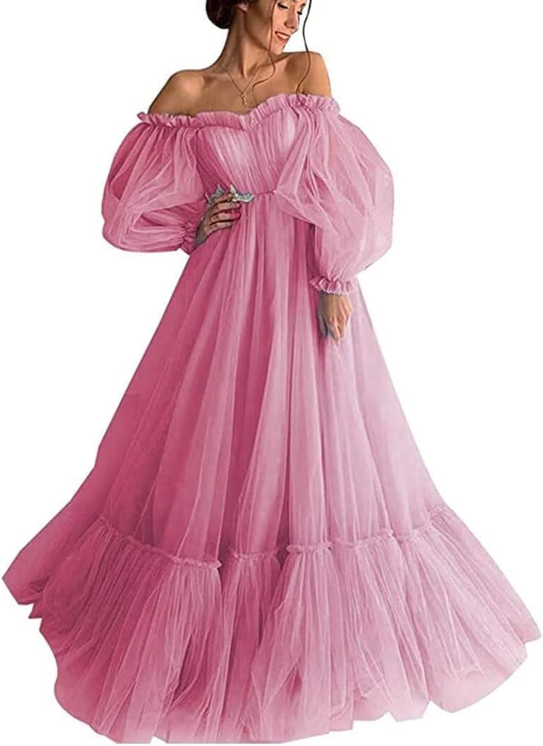 Long Puffy Sleeve Prom Dress Off Shoulder Ruffles Evening Dress Laces Applique Princess Ball Gown DY148