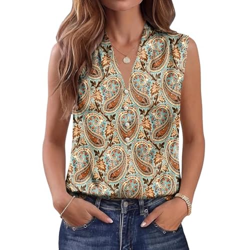 LOMON Silk Satin Tank Tops Womens V Neck Sleeveless Camisole 2026 Basic Shirts Casual Blouses Blue Cashew Flowers Small
