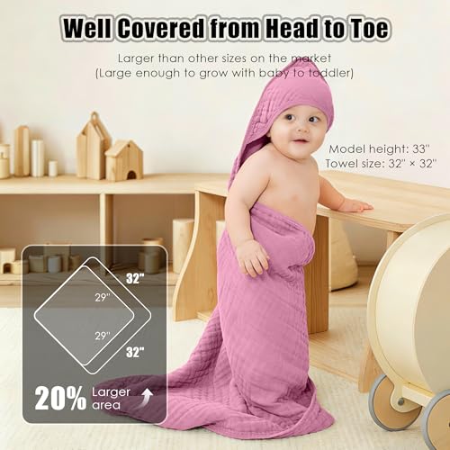 Image of Sunny zzzZZ Muslin Hooded Baby Bath Towels - 3 Pack 100% Cotton Soft Low-Saturation Pastel Towels Including Classic White for Newborns, Infants, Toddlers - 32x32 Inch - Deep Sakura and White