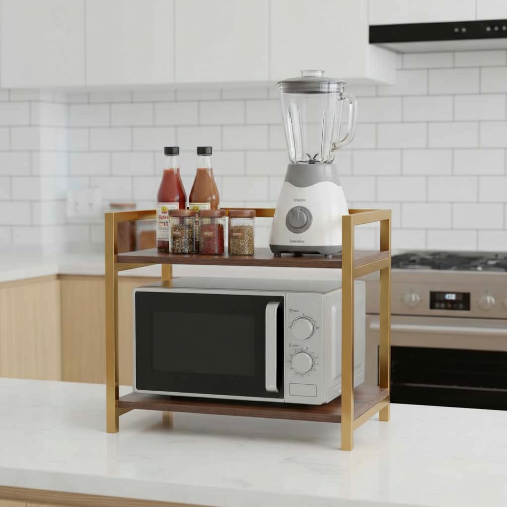 NEST NATURE HAVEN Multipurpose Microwave Stand, 2 Tier Wooden Shelving Additional Storage Kitchen Spice Rack Shelf with Premium Metal Frame for Kitchen,Cabinet,Bathroom,Cosmetics Organizer (G-Brown)