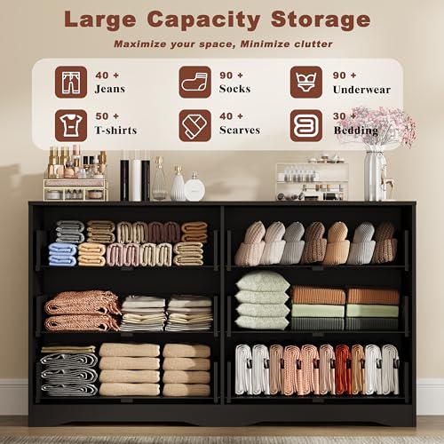 Image of Fluted 6 Drawer Dresser for Bedroom, 55 inch Wide Modern Wooden Chest of Drawers with Metal Handles, TV Stand & Closet Storage Organizer for Living Room,Hallway, Black