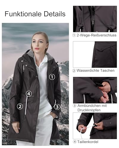 rhythm of the rain Regenjacke Damen mit Warm gefüttert Winterjacke Damen wasserdicht PU Regenmantel Friesennerz übergangsjacke mit Kapuze braun 44