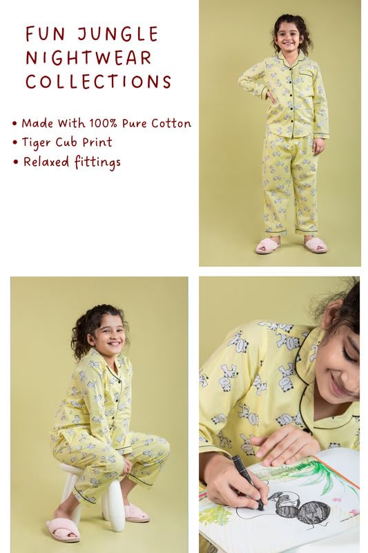 Image of Tweeny Mini Kids Girls Pure Rayon Night Suit | Sleepwear| Night Wear | Nightdress | Top Shirt & Pyjama Combo Set Floral Printed with Pockets Full Sleeves