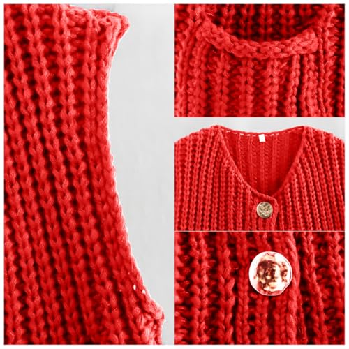 Image of Women's Sleeveless Chunky Knit Cardigan V-Neck Button Down Vest Casual Loose-Fitted Crochet Sweater with Pockets 2024