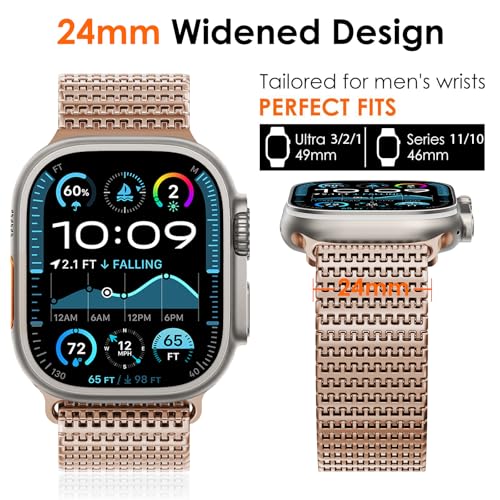 Image of WINGLE Magnetic Mesh Loop for Apple Watch Band Ultra 3 /2 /1 49mm 46mm 45mm 44mm 42mm Men Series 11 10 9 8 7 6 5 4 3 2 1 iWatch SE 3 /2 /1, 24mm Wide Stainless Steel Adjustable Metal Strap, Rose Gold