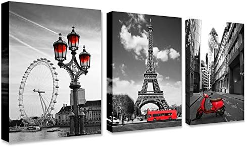 Black and white red city landscape- Paris Eiffel Tower Wall Art Decor Canvas Print red motorcycle street view and ferris wheel Painting Modern Home Decoration 12"x16" x3 Panels Romantic Artwork