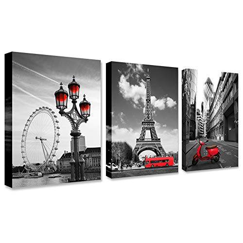 Black And White Red City Landscape- Paris Eiffel Tower Wall Art Decor Canvas Print Red Motorcycle Street View And Ferris Wheel Painting Modern Home Decoration 12"X16" X3 Panels Romantic Artwork #TOP2