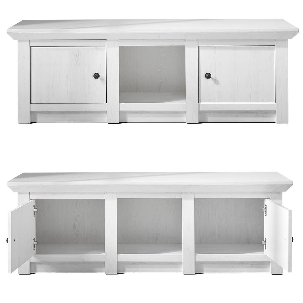 Lomadox Wohnzimmer Wohnwand Set inkl. Couchtisch Landhaus-Stil Pinie weiß Nb.Stellmaß Vitrine ca. 63 cm