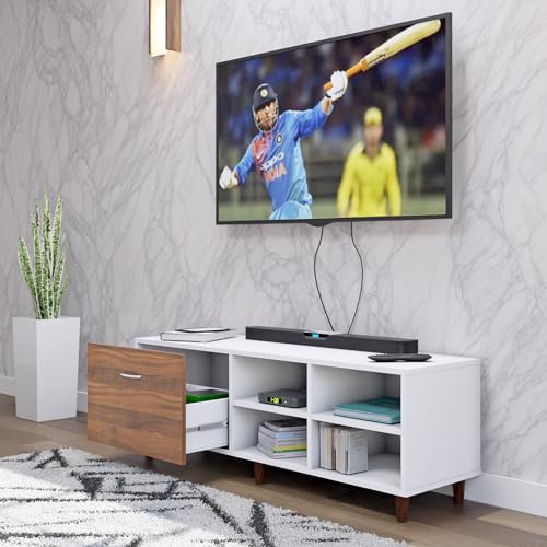 Image of VIKI Modern TV Unit for Living Room | Engineered Wood TV Cabinet with 1 Drawer Storage & 2 Open Shelves, Entertainment Unit, 140W x 48H x 40D cm | DIY | 1 Year Warranty (White & Walnut)